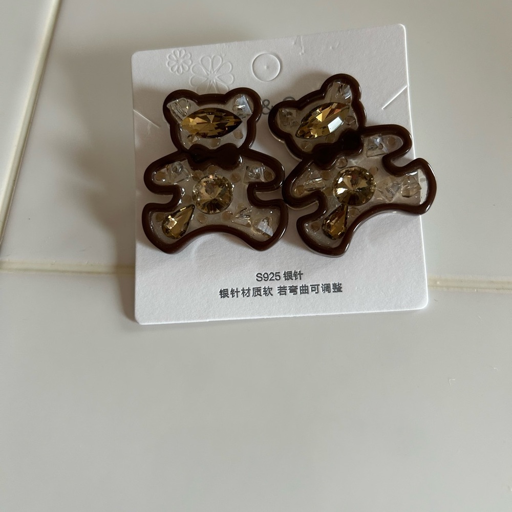 Sparkling Brown Teddy Bear Earrings for Kids